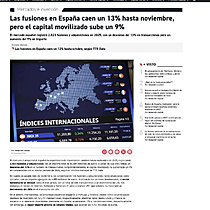 Las fusiones en Espa�a caen un 13% hasta noviembre, pero el capital movilizado sube un 9%